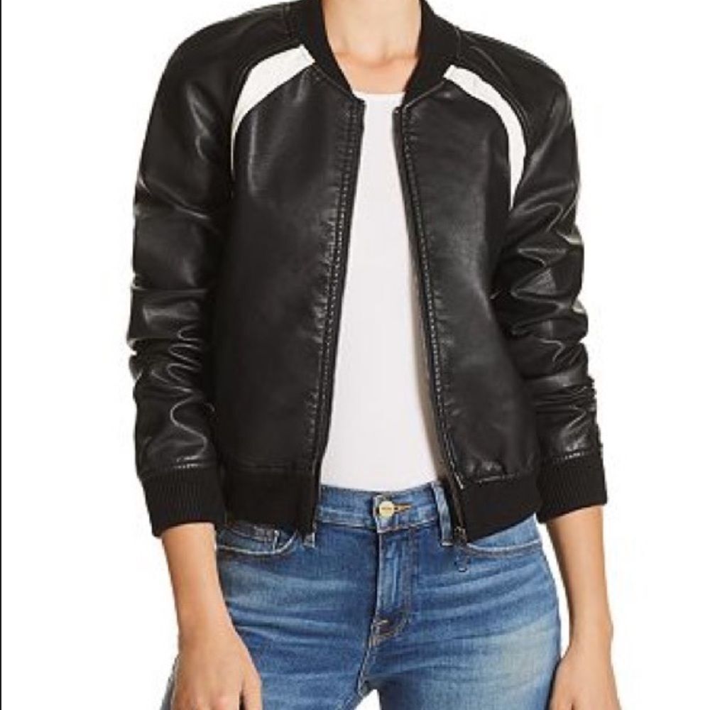 Joe's Jeans Collection Faux Leather Black White Stripe Bomber Jacket
